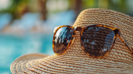 Close-up of straw hat brim with sunglasses perched on top, background blurred to highlight textures and summer accessoriesの素材