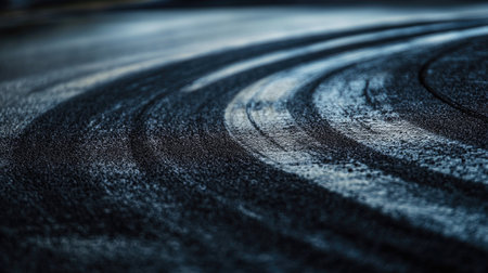 Close-up view of dark car tire drift skid marks curving across asphalt road track, showing speed, control, and precision driving techniqueの素材