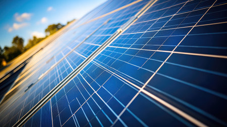 Close-up of sunlight glinting off blue solar panels, highlighting reflections and clean energy in a bright, modern settingの素材