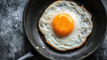Close-up top view of uncooked fried egg in a frying pan, capturing texture, color, and freshness of breakfast preparationの素材