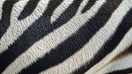 Close-up of zebra fur texture showing black and white stripes in natural pattern, highlighting wildlife beauty and organic symmetryの素材