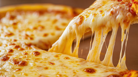 Delicious stretchy cheese close-up, highlighting gooey pull from pizza slice on clean minimal backgroundの素材