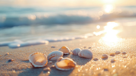 Close-up of tiny sea shells glistening in sunlight on warm golden sand, soft ocean waves blurred in the distanceの素材