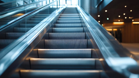 Close-up shot of a moving escalator in office lobby, focusing on metallic steps, reflective surfaces, and clean linesの素材