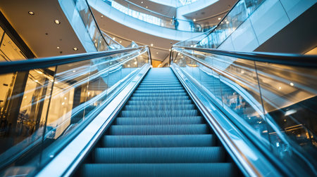 Detailed view of escalator handrails and steps in a contemporary shopping mall, emphasizing motion and modern designの素材