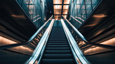 Indoor commercial building escalator captured at an angle, emphasizing depth, repeating patterns, and sleek industrial designの素材