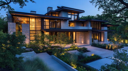 Contemporary home exterior at night featuring warm glowing lights, sleek materials, and tranquil outdoor settingの素材
