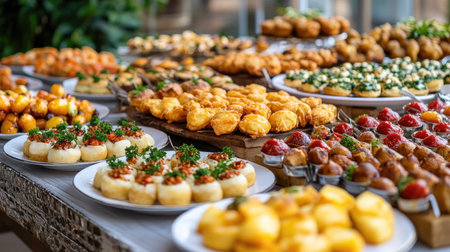Elegant presentation of assorted fried and baked appetizers in vibrant colors on a party buffet tableの素材