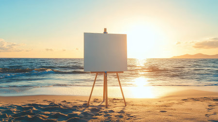 Empty canvas on easel on sea coast at sunrise, sunlight reflecting off water and casting soft shadows on the sandの素材
