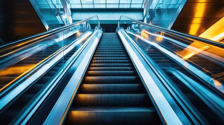 Indoor commercial building escalator captured at an angle, emphasizing depth, repeating patterns, and sleek industrial designの素材