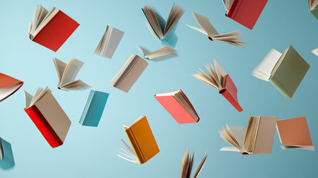 Dynamic composition of multicolored books flying and flipping pages against a clean minimalist backgroundの素材