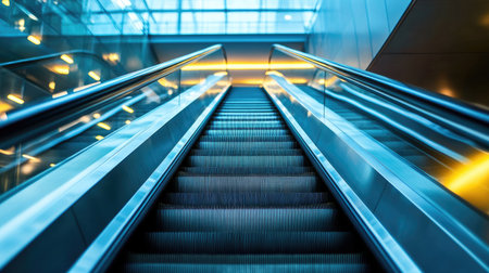 Indoor commercial building escalator captured at an angle, emphasizing depth, repeating patterns, and sleek industrial designの素材