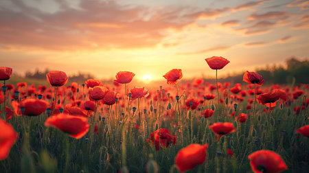 Field of poppies in the foreground with vibrant red blossoms against a pastel sunrise sky, creating a romantic and tranquil sceneの素材