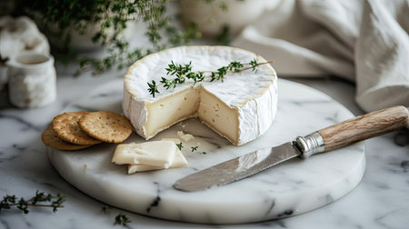 Elegant presentation of cheese with a knife on a marble board, garnished with herbs or crackers for culinary stock imageの素材