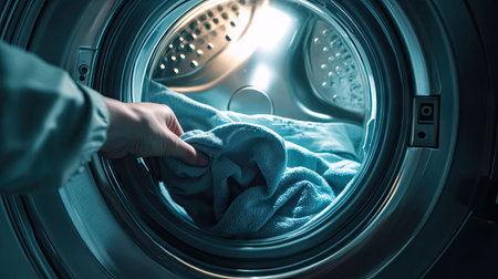 Interior shot from within washing machine drum, human hand placing laundry, concept of cleanliness and technologyの素材