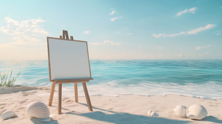 Minimalist coastal scene with wooden easel and blank canvas, surrounded by sand, shells, and tranquil blue ocean waterの素材
