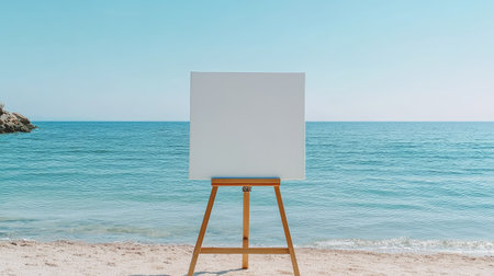 Mockup of empty canvas on wooden easel placed on beach shore, clear blue sky and calm ocean creating serene creative inspirationの素材