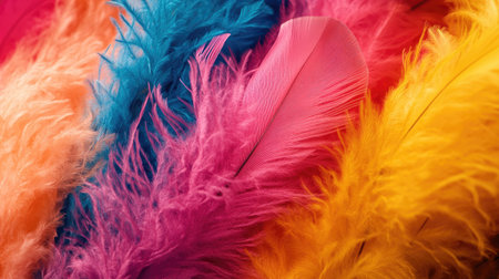 Macro shot of fluffy feather boas in bold colors, focusing on the softness of the feathers and the dynamic interplay of huesの素材