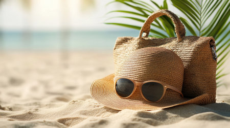 Fashionable straw hat with sunglasses leaning against a beach bag on sand, evoking holiday mood and seaside relaxationの素材