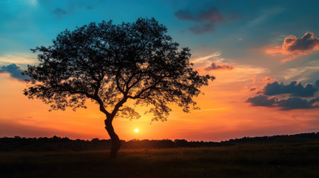 Dramatic silhouette of tree and foliage shadows against colorful sunset backdrop, evoking tranquility and beautyの素材