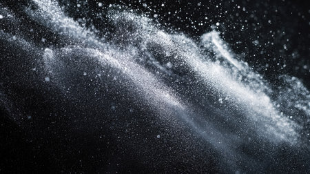 Fine mist of water spray illuminated against black background, showcasing texture and movement in high-speed photographyの素材