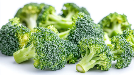 Crisp and fresh broccoli floret close-up on white background, highlighting texture and color for clean food and nutrition themesの素材