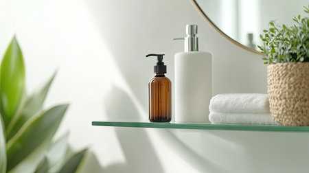 Minimalist bathroom interior featuring a serum lotion bottle on a glass shelf with blurred reflections and clean white backgroundの素材