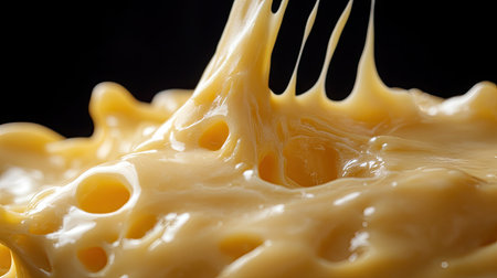 Isolated pull of hot melted cheese with creamy strands, emphasizing freshness and appetizing food textureの素材