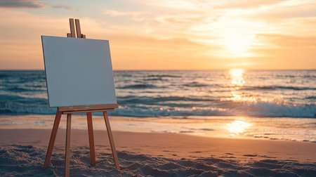 Empty canvas on easel on sea coast at sunrise, sunlight reflecting off water and casting soft shadows on the sandの素材