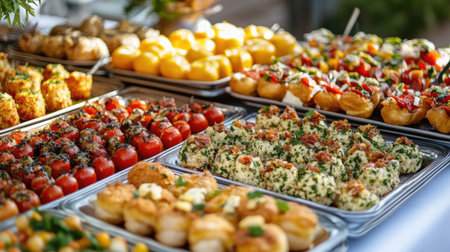 Elegant presentation of assorted fried and baked appetizers in vibrant colors on a party buffet tableの素材