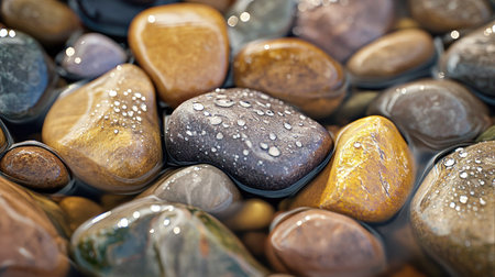 Macro image of river stones glistening with small water drops, highlighting natural details, smoothness, and wet texturesの素材