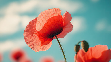 Macro shot of poppy petals in sharp detail with sky blurred softly in the background, emphasizing color contrast and natural eleganceの素材