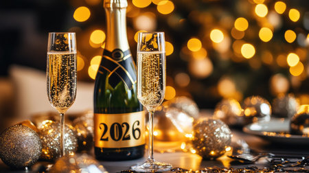 Luxurious New Year table setup with champagne bottle, crystal flutes, and golden  numbers surrounded by festive decorations and lightsの素材