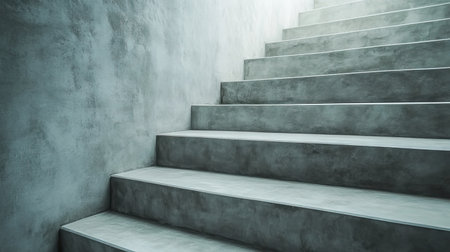 Modern concrete stairs leading down to another staircase, captured with sharp focus and soft ambient lightの素材