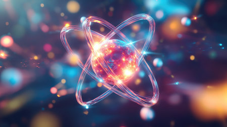Educational illustration of atom model with detailed protons, neutrons, and electrons in orbit, bright glowing effectsの素材