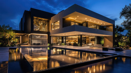 Luxury modern residence at night with dramatic lighting, open terraces, and reflective water featuresの素材