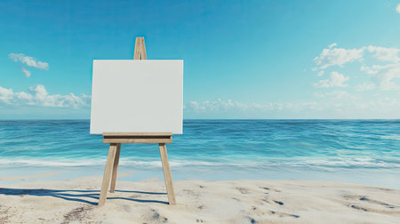 Mockup of empty canvas on wooden easel placed on beach shore, clear blue sky and calm ocean creating serene creative inspirationの素材