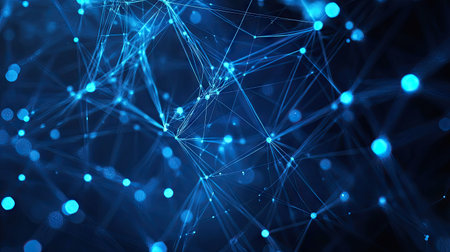 Digital network concept with blue lines and dots forming a geometric abstract background for tech and innovation themesの素材