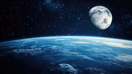 Earth and Moon floating in deep space, highlighting the contrast between blue oceans, white clouds, and gray lunar surfaceの素材