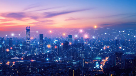 Modern city skyline at dusk with glowing lines and dots representing wireless network connections and smart city technologyの素材