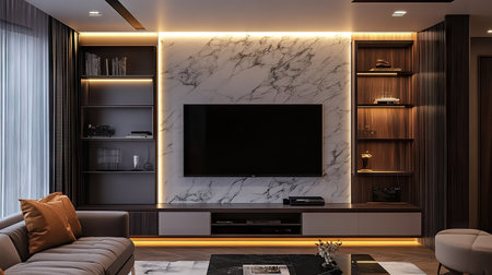 Modern apartment interior with stylish TV wall design, integrated LED lighting, floating shelves, and marble panel backdropの素材