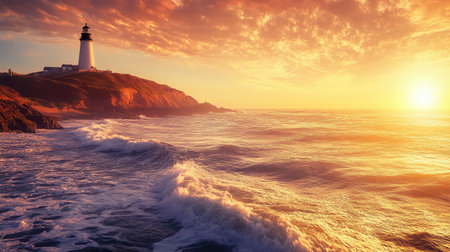 Lighthouse perched atop a hill with panoramic view of ocean waves and golden hour lighting, creating a serene atmosphereの素材