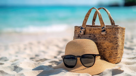 Fashionable straw hat with sunglasses leaning against a beach bag on sand, evoking holiday mood and seaside relaxationの素材