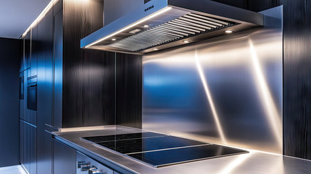 Metallic kitchen hood extractor fan installed above cooktop in luxury kitchen, highlighting technology and styleの素材