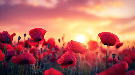 Field of poppies in the foreground with vibrant red blossoms against a pastel sunrise sky, creating a romantic and tranquil sceneの素材
