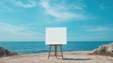 Mockup of empty canvas on wooden easel placed on beach shore, clear blue sky and calm ocean creating serene creative inspirationの素材