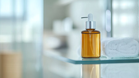 Minimalist bathroom interior featuring a serum lotion bottle on a glass shelf with blurred reflections and clean white backgroundの素材
