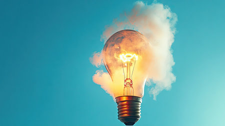 Light bulb launching upward with smoke and fire like a rocket against clear blue sky, creative innovation concept designの素材
