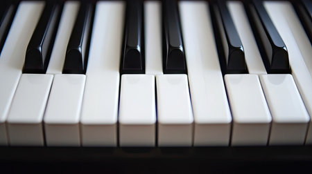 Macro shot of piano keyboard emphasizing contrast between black and white keys in elegant minimal compositionの素材