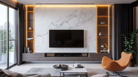 Modern apartment interior with stylish TV wall design, integrated LED lighting, floating shelves, and marble panel backdropの素材